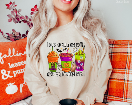 I Run Solely On Coffee And Halloween Spirit Coffee Tumblers Bright Colors Pumpkins DTF TRANSFER