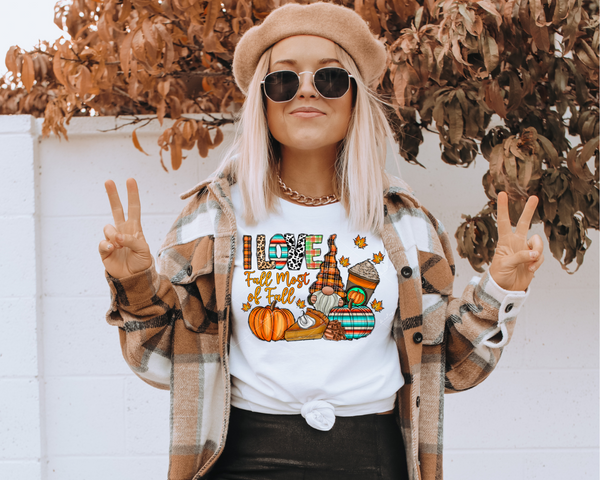 I Love Fall Most Of Fall (gnome with fall hat, coffee cup, pumpkin, pie, cinnamon sticks, leaves, letters filled with cow print, leopard print, plaid, western stripes) 1568 DTF TRANSFER