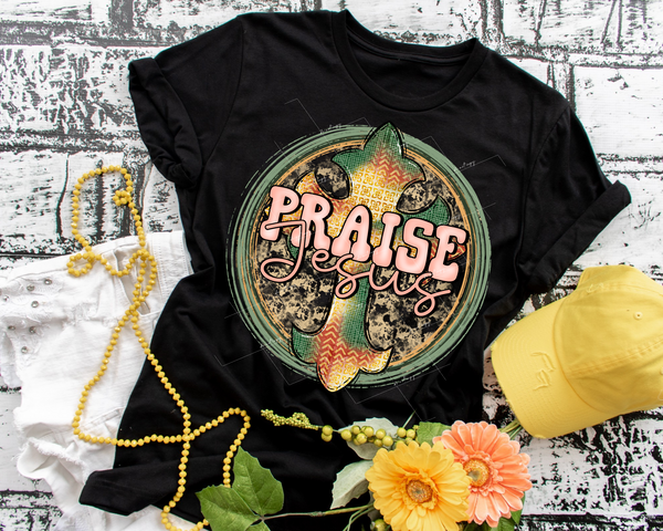 Praise Jesus (textured cross, circle frame, green, orange, yellow colors) DTF TRANSFER