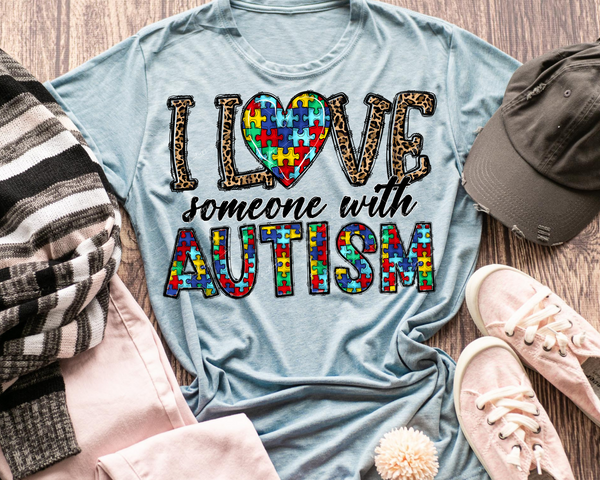 I Love Someone with Autism (puzzle heart, letters filled with leopard print, bright color puzzle pieces) 1569 DTF TRANSFER