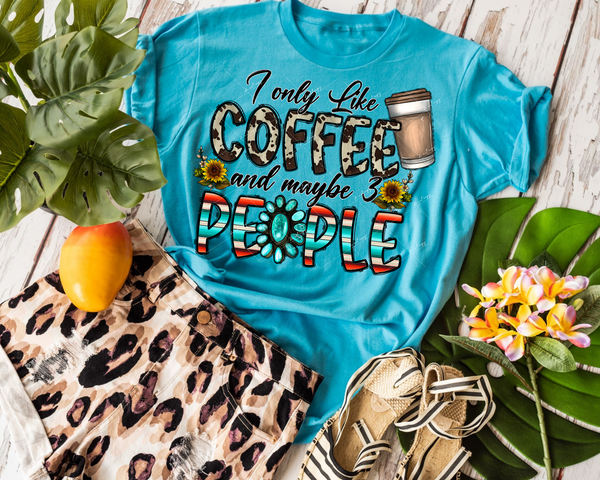 I Only Like Coffee and Maybe 3 People (coffee cup, sunflowers, lettering filled with cow print, western stripes, and turquoise pendant) 1570 DTF TRANSFER