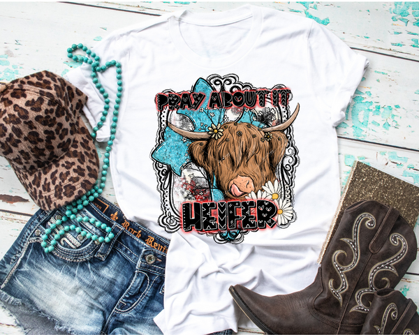 Pray About It Heifer (heifer, daisies, blue cross, black outlined frame, black with red shadow lettering) DTF TRANSFER