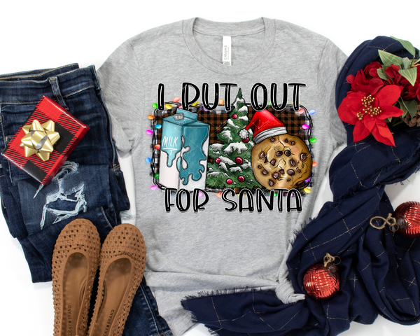 I Put Out For Santa (chocolate chip cookie with Santa hat, quart of milk, Christmas tree, and lights, brown/black plaid background, black puff lettering) 1573 DTF TRANSFER