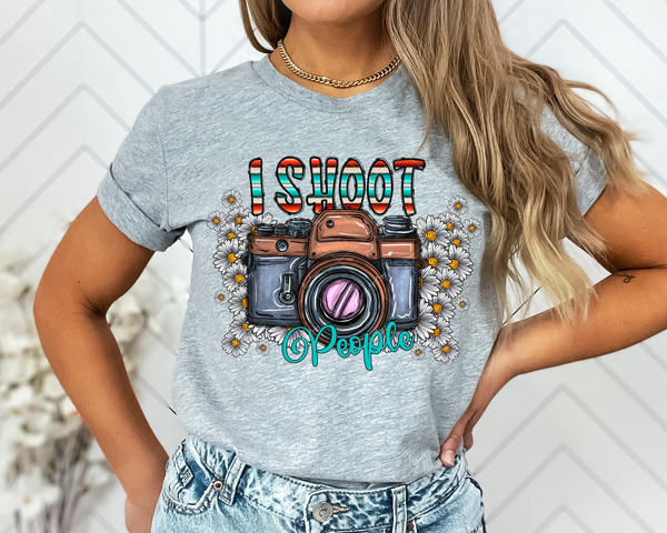 I Shoot People (camera, daisies, lettering with western stripes, handwriting in teal) 1575 DTF TRANSFER