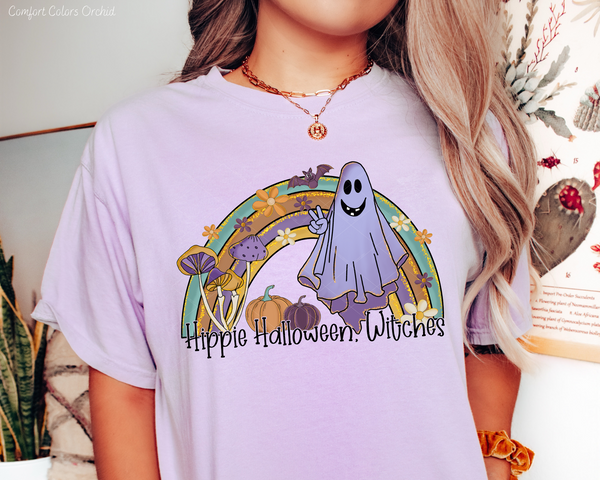 Hippie Halloween, Witches Purple Ghost Pumpkin Rainbow Mushrooms DTF TRANSFER
