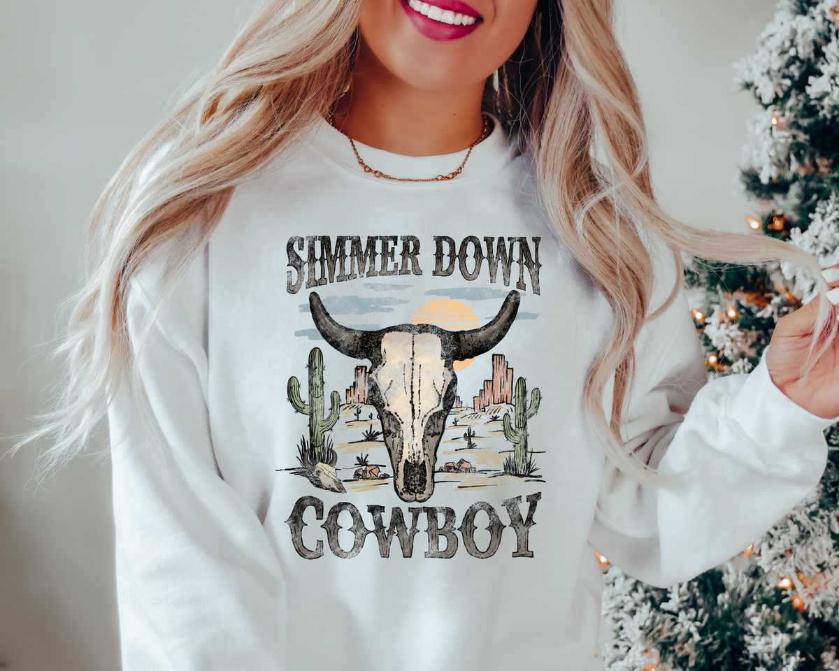Simmer Down Cowboy Western Cow Skull 112424 DTF TRANSFER