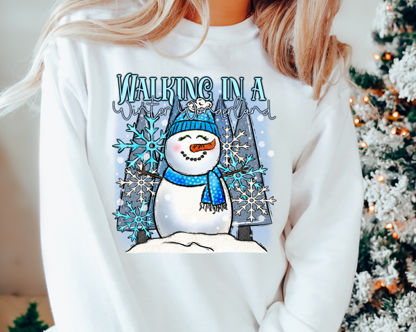Walking in a Winter Wonderland Snowman Snowflakes (Blue White Font) 8760 DTF TRANSFER