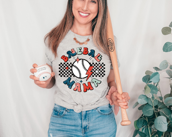 Baseball Mama (racing checkers, baseball, 70's vibe lettering, red, teal, sage green) 8902 DTF Transfer