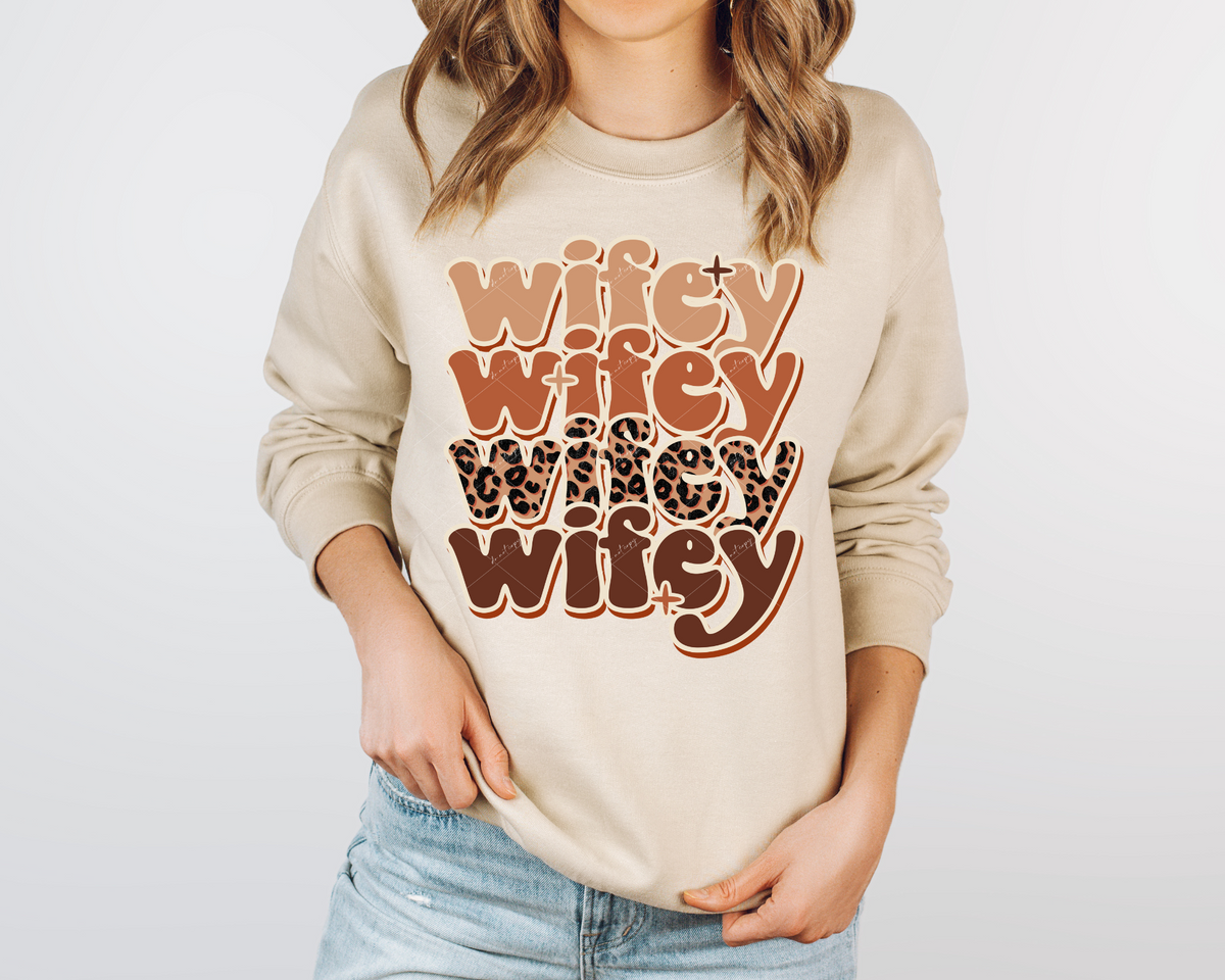 Wifey Wifey Wifey Wifey (earth tone colors, leopard print, bubble lettering) 1905 DTF TRANSFER