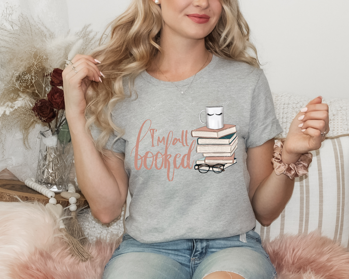I Am All Booked (books, glasses, mug, coral colors) DTF Transfer
