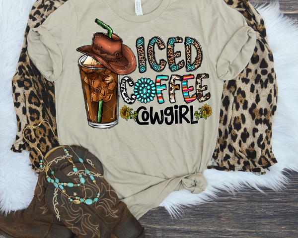 Iced Coffee Cowgirl (tall iced coffee with cowboy hat, sunflowers, lettering filled with leopard print, turquoise pendants, cow print, western stripes) 1583 DTF TRANSFER