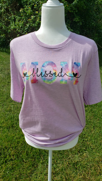Tie dye Blessed Mom screen print transfer RTS