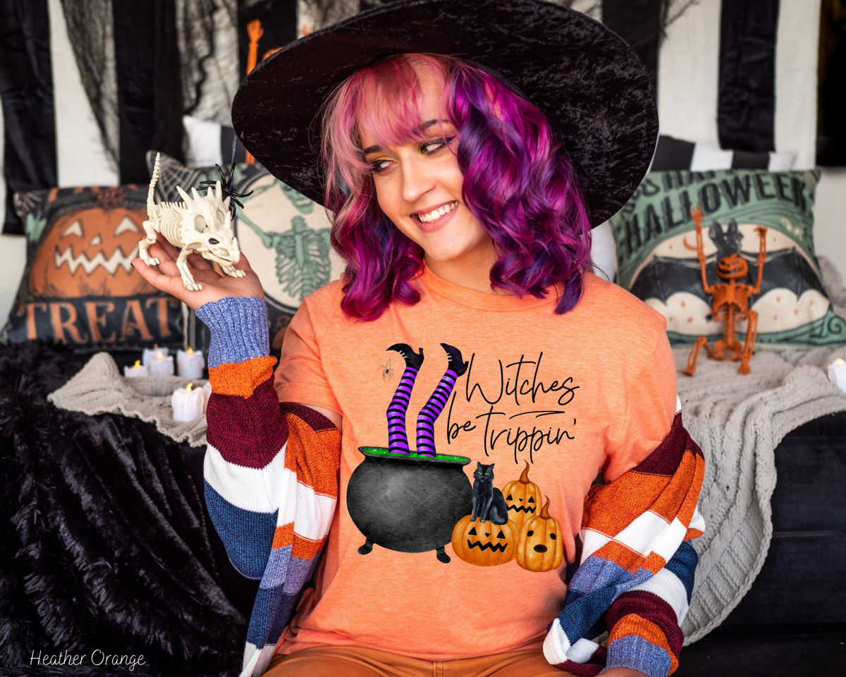 Witches Be Trippin' Witch Feet With Caldron Pumpkins Black Cat 68765 DTF TRANSFER