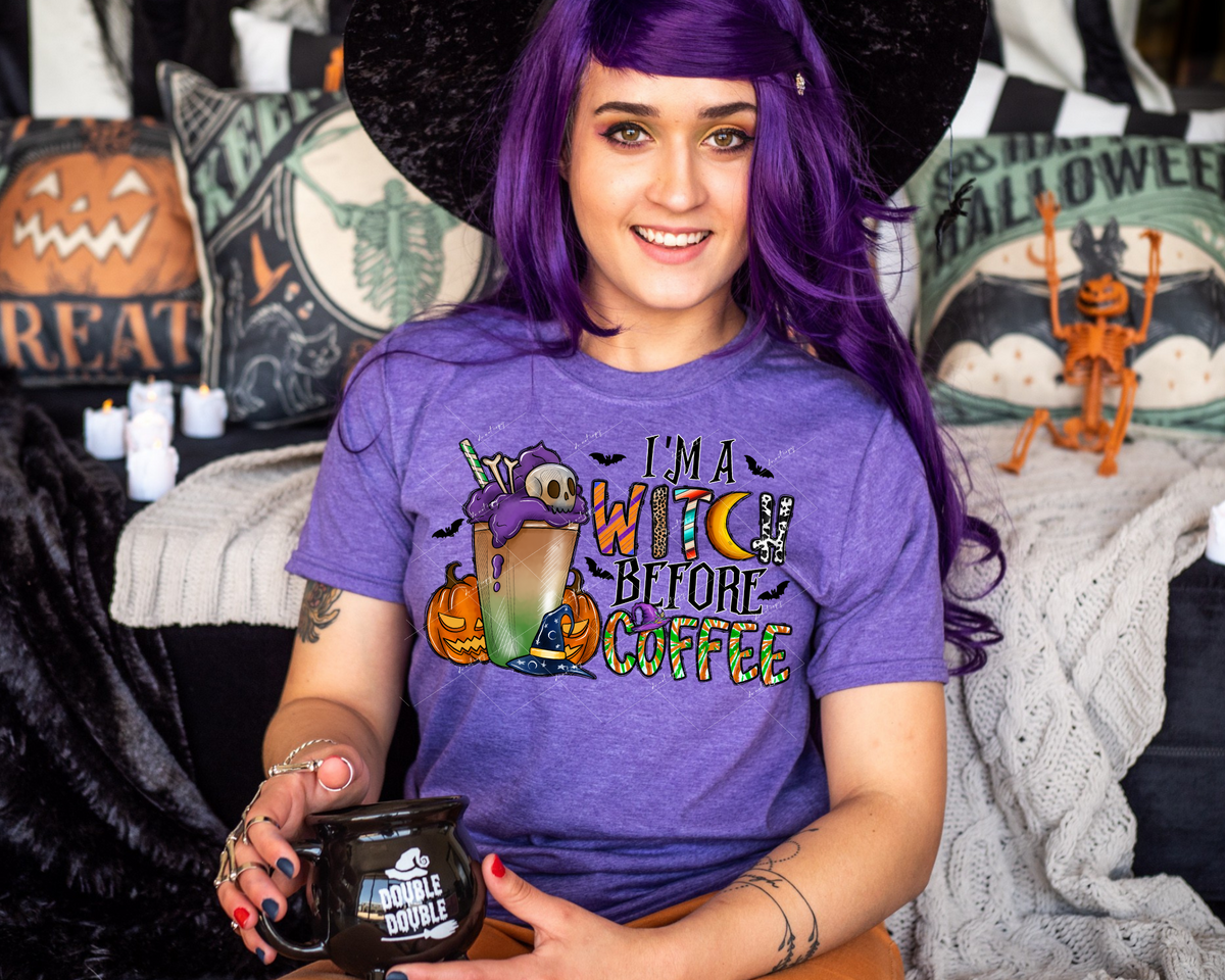 I'm A Witch Before Coffee (coffee cup, witch hat, skull & bones, pumpkins, bats, lettering filled with Halloween textures and black with white outline lettering) 1598 DTF TRANSFER