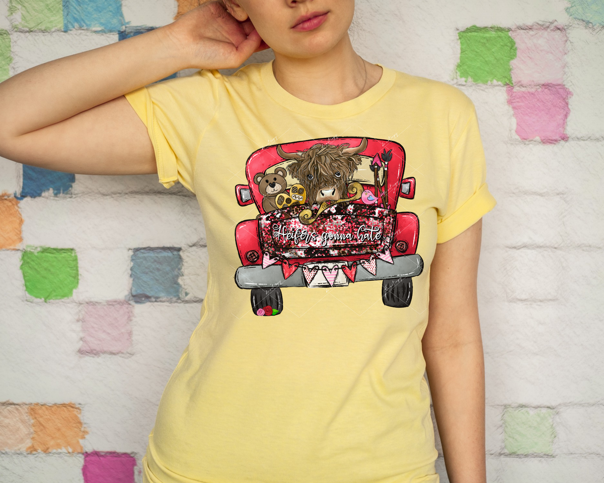 Heifers Gonna Hate (red vintage truck bed with long hair heifer, bow & arrows, teddy bear, chocolates, heart garland, white handwriting) 112758 DTF TRANSFER