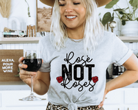 Rosé Not Roses (black handwriting, black block distressed letters, red roses) DTF TRANSFER