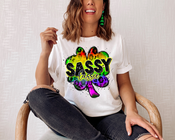 Sassy Lassie (large clover bright primary colors, leopard print, black distressed lettering) DTF TRANSFER