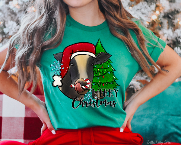 Merry Christmas Cow With Santa Hat Snowflakes And Christmas Tree 8786 DTF TRANSFER