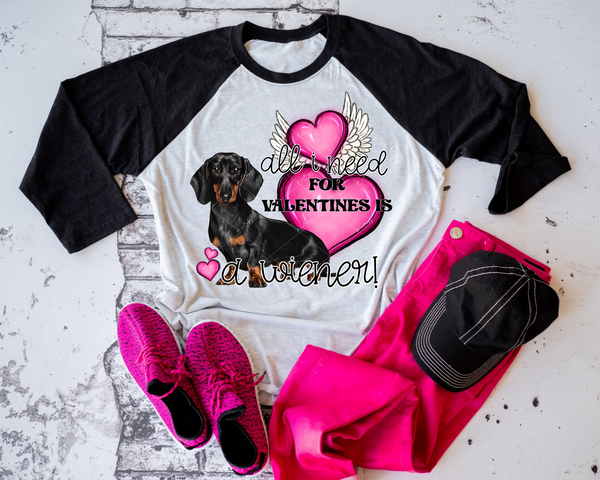 All I Need for Valentines Is a Wiener! (Dachshund pup, pink hearts, angel wings, black handwriting, black serif font) 1613 DTF TRANSFER