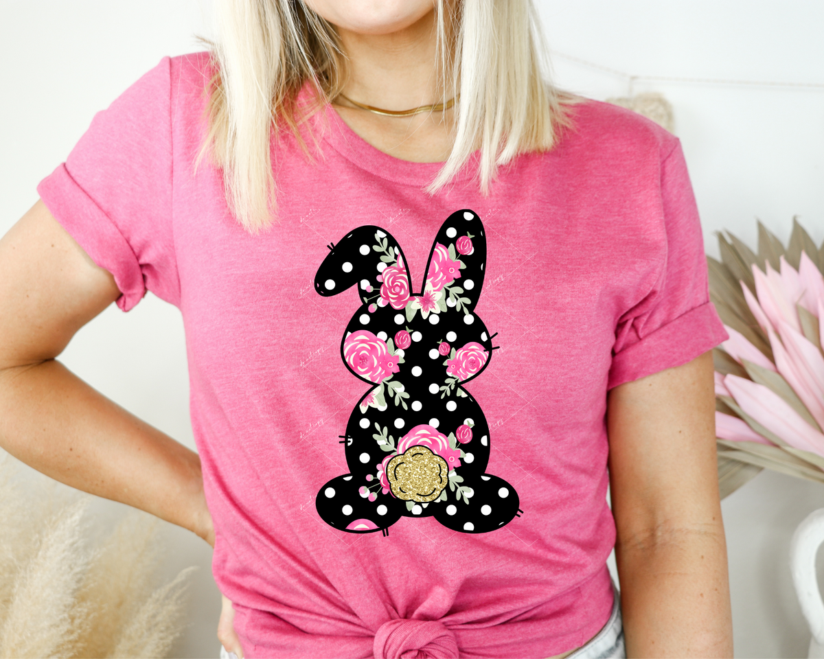 Easter Bunny (black with white polka dots, pink flowers, gold glitter tail) 1256 DTF TRANSFER