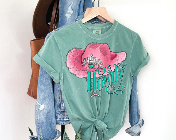 Howdy (pink fancy cowgirl hat, tiara and turquoise embellishment and turquoise filled fancy lettering) 1556 DTF TRANSFER