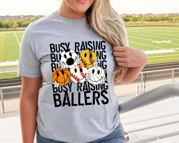 Busy Raising Ballers (sports balls, black block distressed lettering) 9031 DTF TRANSFER