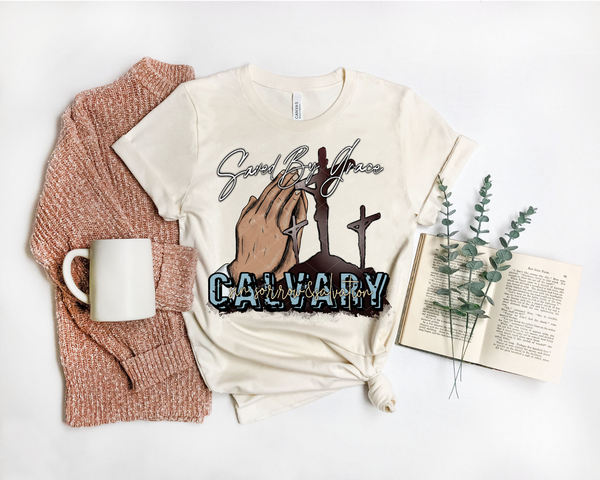 Saved By Grace Calvary Sin Sorrow & Salvation (background hands praying and of Jesus on the cross, teal blue lettering, white handwriting lettering) DTF TRANSFER