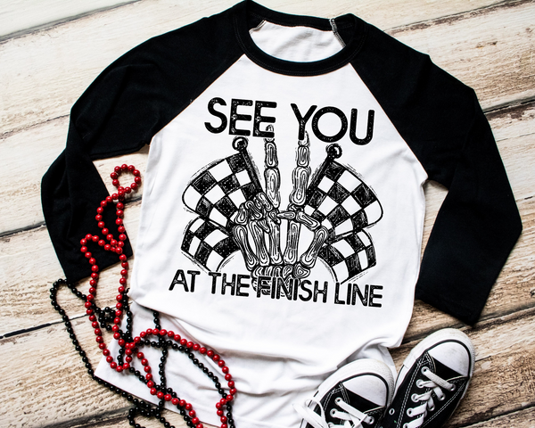 See You At The Finish Line (black outline peace skeleton hand, racing flags, black block distressed lettering) 8995 DTF TRANSFER