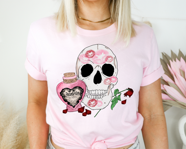 Skull with lipstick kisses all over, love position, withered red rose DTF TRANSFER