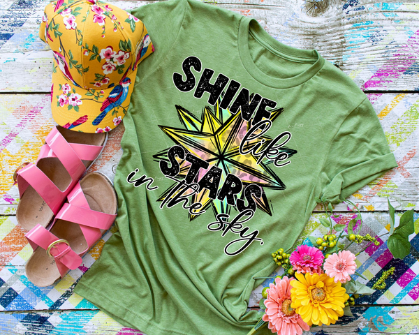 Shine Like Stars In The Sky. (pastel colored star background, black with white outline lettering) 8997 DTF TRANSFER