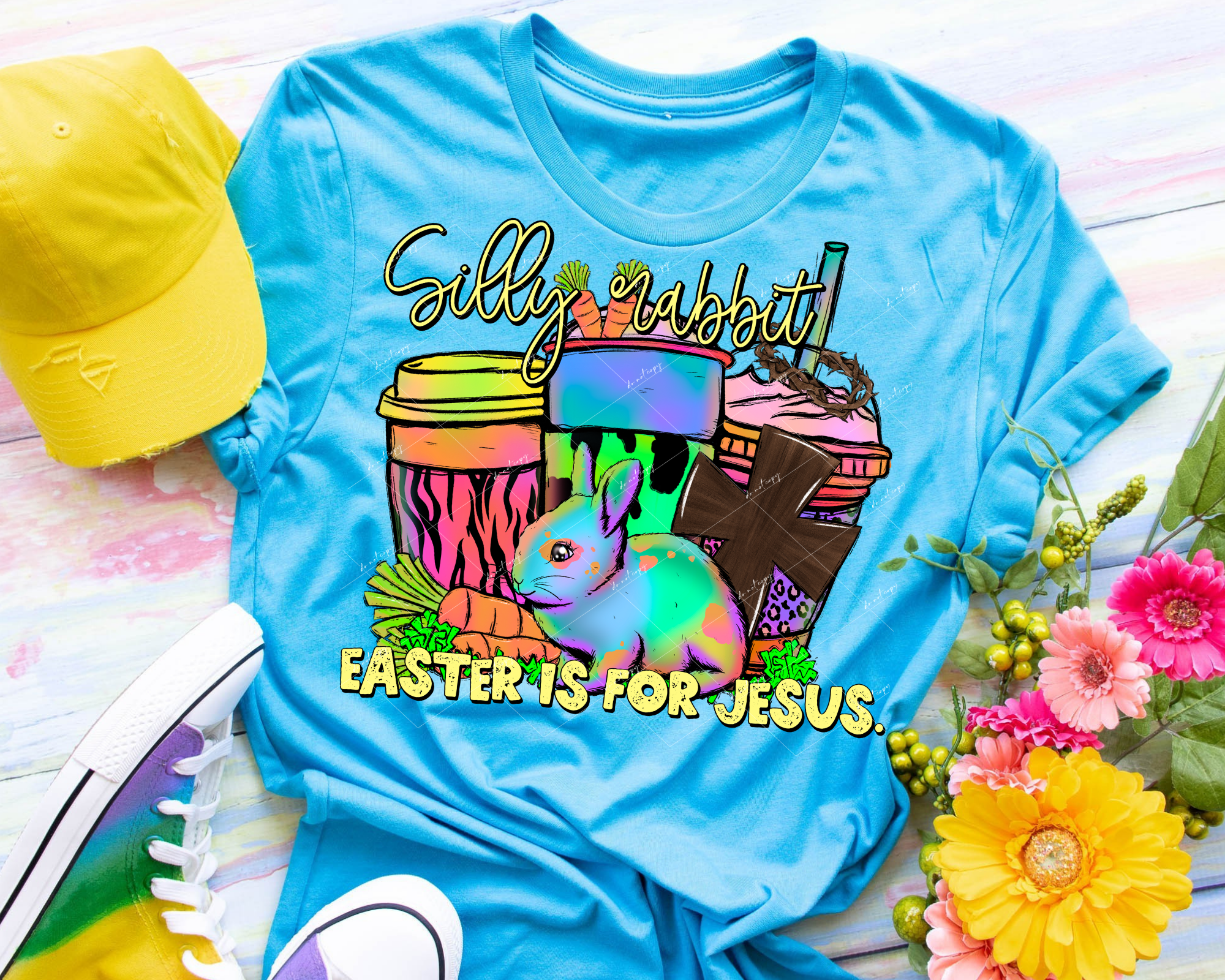 Silly Rabbit Easter Is For Jesus (florescent colors, coffee cups, rabb ...