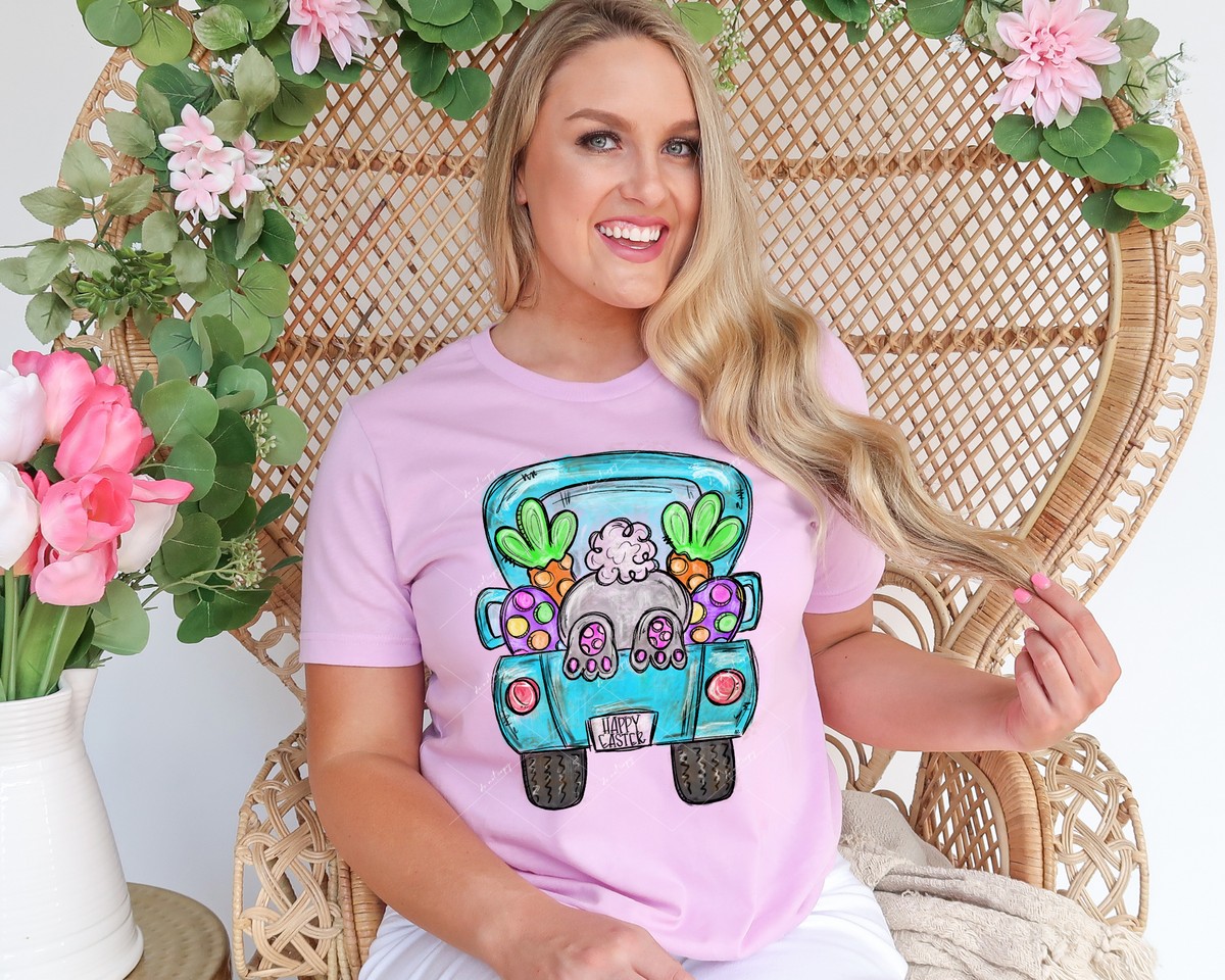 Happy Easter, bunny butt, carrots, easter eggs in back of blue pickup truck 112703 DTF TRANSFER