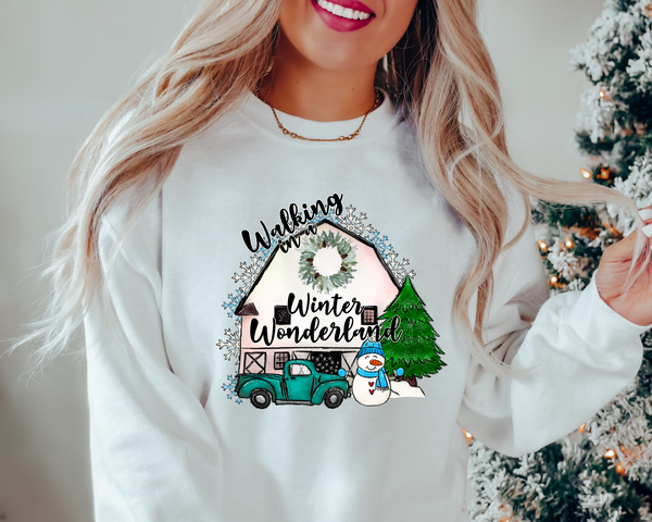 Walking In A Winter Wonderland Green Truck White Barn (Black Font) 210 DTF TRANSFER