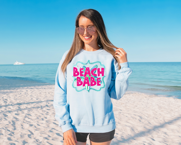 Beach Babe 22612 (light teal frame, surf boards, bright pink lettering) DTF Transfer