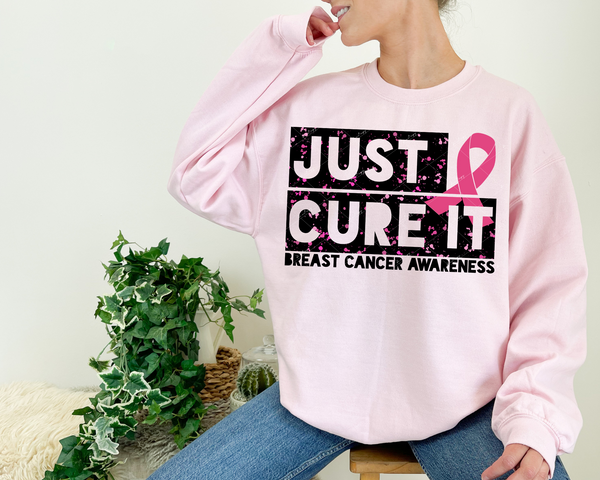 Just Cure It Breast Cancer Awareness (block lettering with black and pink confetti, pink ribbon) 1247 DTF TRANSFER