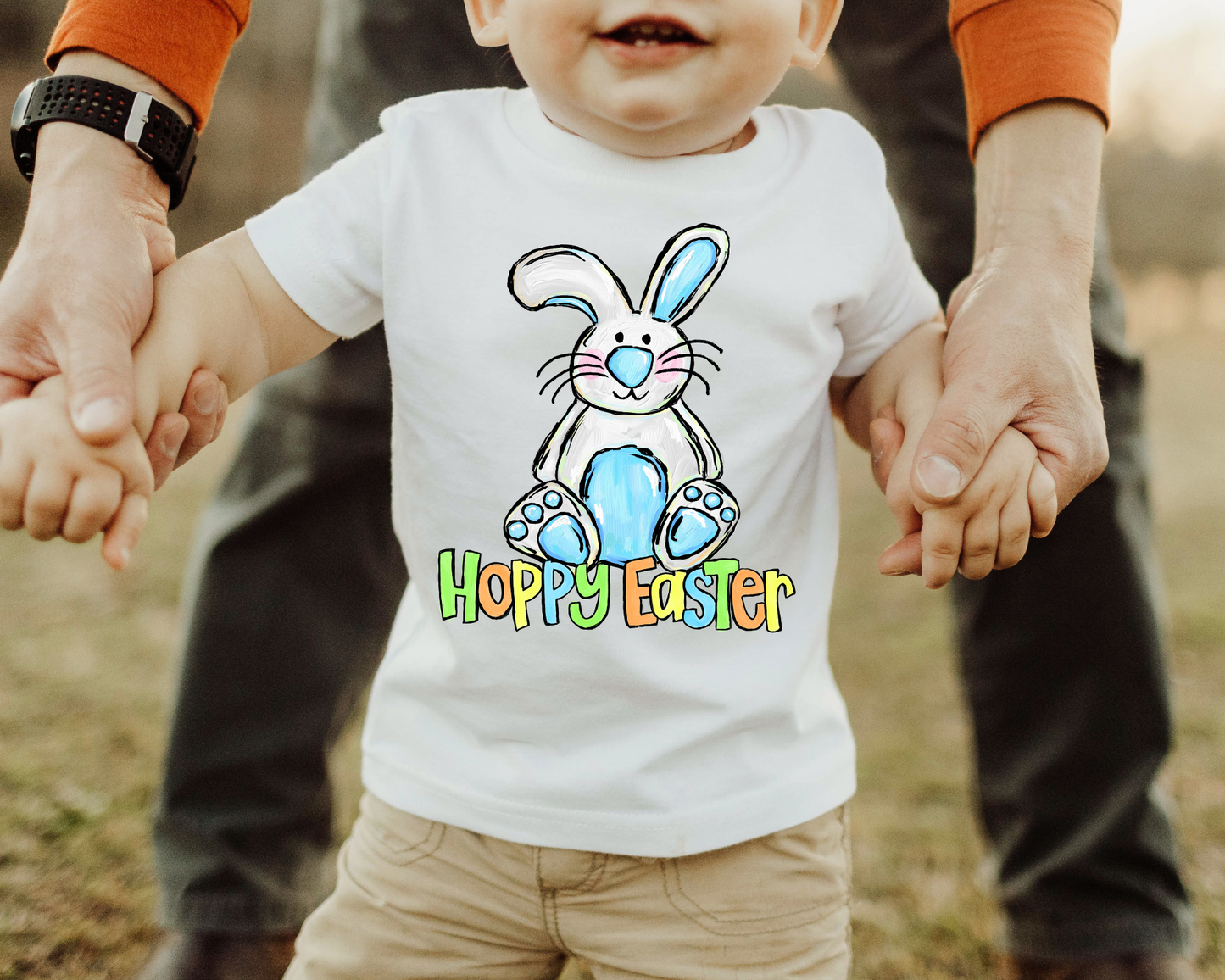 Hoppy Easter Boy Bunny (white & blue bunny, colorful lettering) 1543 DTF TRANSFER