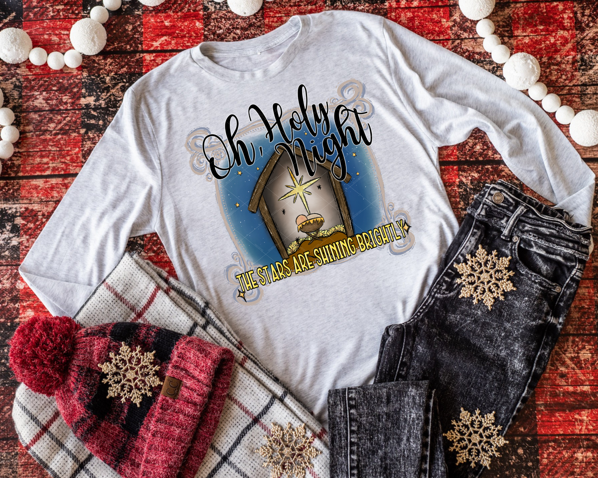 Oh, Holy Night The Stars Are Shining Brightly Manger Blue Background 112295 DTF TRANSFER