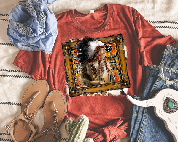 Indian Chief vintage frame, sunflowers & cowhide background) 1621 DTF TRANSFER