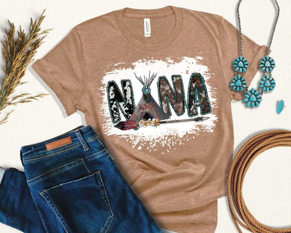 Nana (teepee, arrow, turquoise pendant, letters filled with cowhide patterns) 1758 DTF TRANSFER
