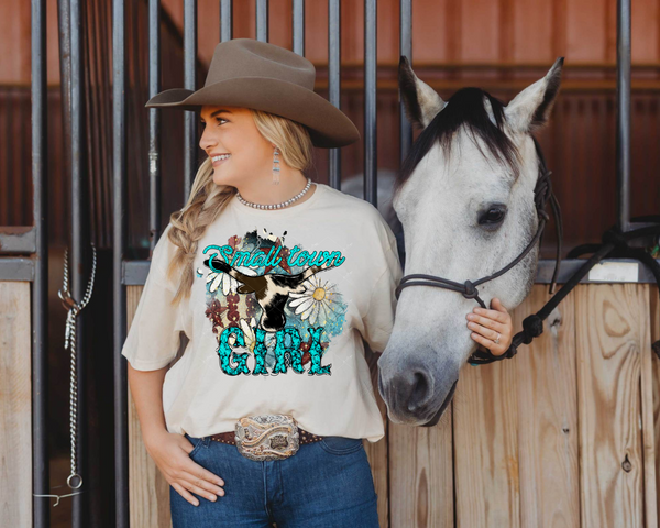 Small Town Girl (long horn cow, daisy, patriotic background, turquoise lettering)  DTF TRANSFER