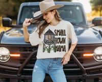 Small Town Mama (water tower, horseshoe, flowers, leopard print lettering)  DTF TRANSFER