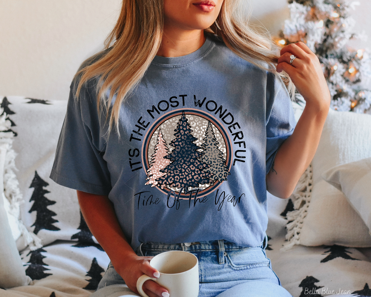 It's The Most Wonderful Time Of The Year Blue Pink Leopard Trees 8430 DTF TRANSFER