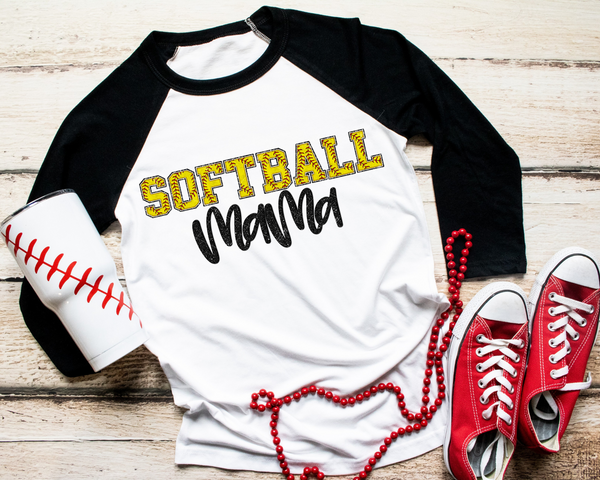Softball Mama (block letters with softball fill, black handwriting distressed) DTF TRANSFER