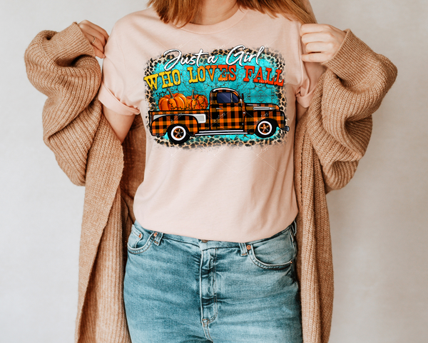 Just A Girl Who Loves Fall (vintage truck orange plaid, filled with pumpkins, leopard print and turquoise texture background, lettering in yellow to orange ombre, white handwriting) 1640 DTF TRANSFER