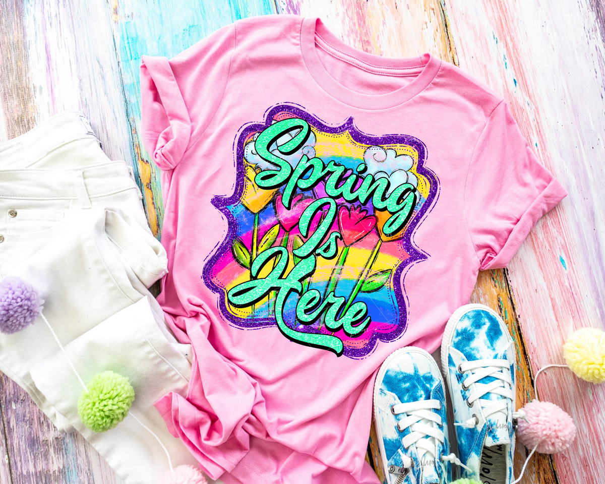 Spring Is Here (bright colors, purple glitter frame, tulips, mint green lettering) DTF TRANSFER