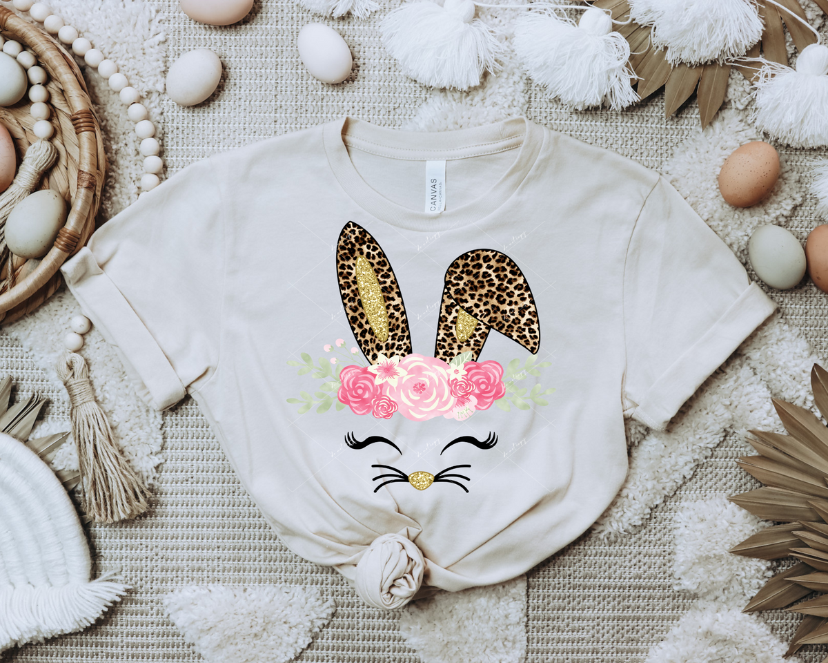 Bunny face, pink floral with DARK leopard and gold glitter ears 112691 DTF TRANSFER