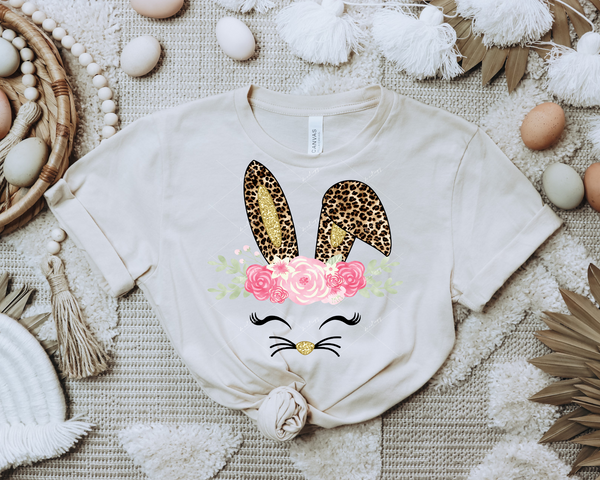 Bunny face, pink floral with DARK leopard and gold glitter ears DTF TRANSFER