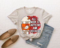 All I Need Is Caffeine And Chickens (chicken, coffee cup, chicken wire, bright orange and red color) 9034 DTF TRANSFER