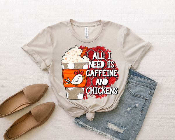 All I Need Is Caffeine And Chickens (chicken, coffee cup, chicken wire, bright orange and red color) 9034 DTF TRANSFER