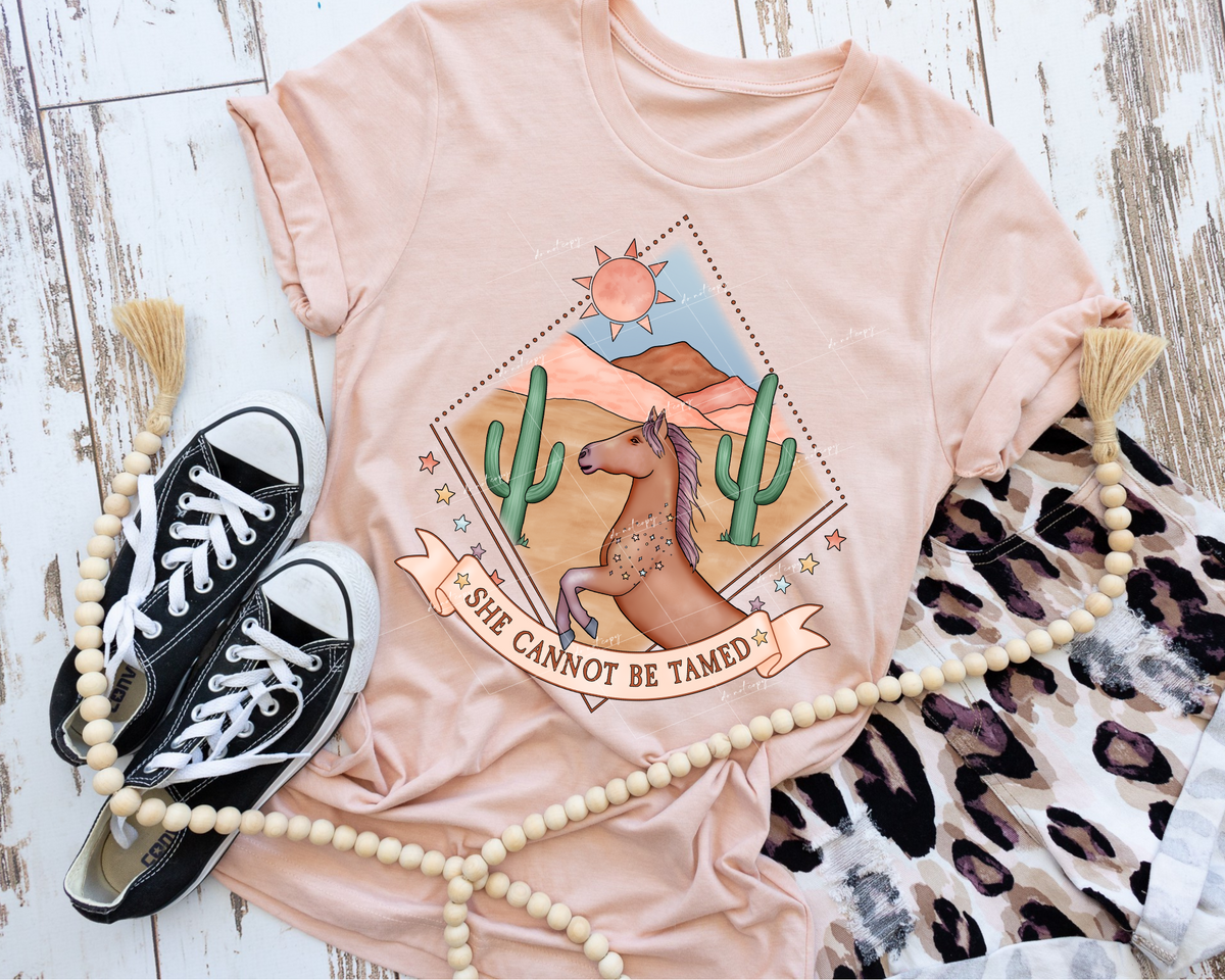 She Cannot Be Tamed (horse, mountains, cactus, diamond shape, earth tone colors) 1415 DTF TRANSFER